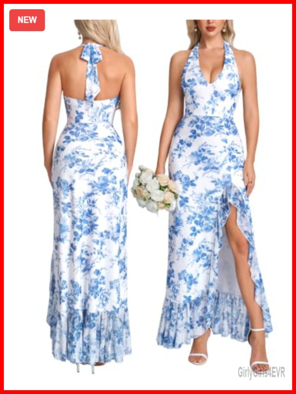 Women Floral Halter Tie High Slit Wedding Guest Dress